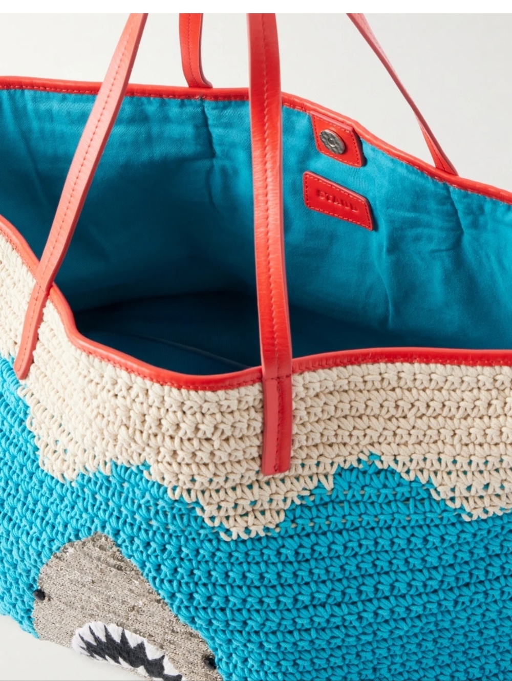 STAUD X large Bag Crochet Leather Shark Embroidered Tote Turquoise Cream Purse - Picture 6 of 12